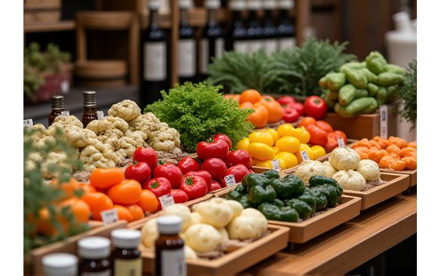 旬の地元産野菜や発酵食品が美しくディスプレイされた棚